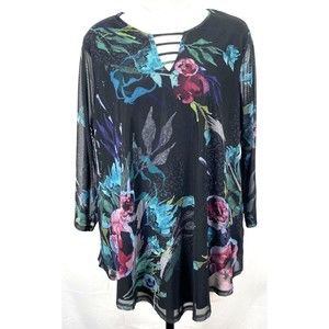 Avenue Women's Blouse Sz 14/16 Floral Print V-Neck Sheer w/ Tee Liner 3/4 Sleeve